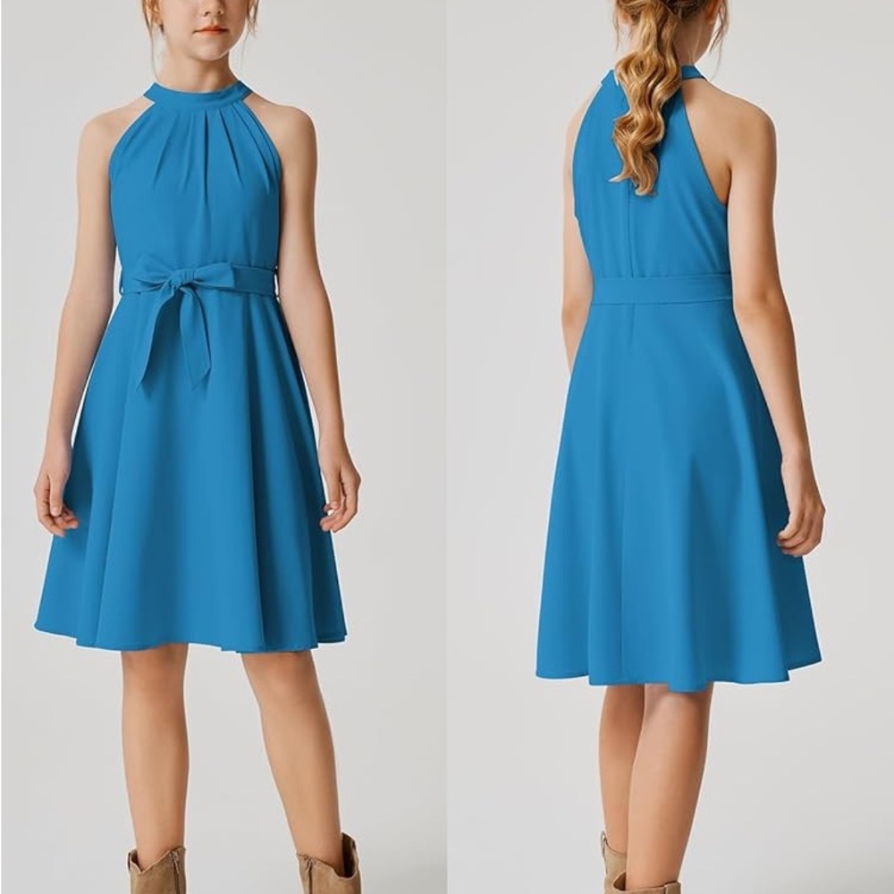 Peacock Blue Girls Halter Neck Swing Dress